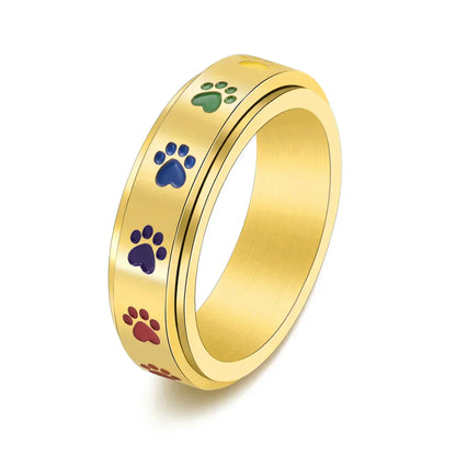 Anti-Stress Spinner Paw Ring – Stainless Steel with Rainbow Paws