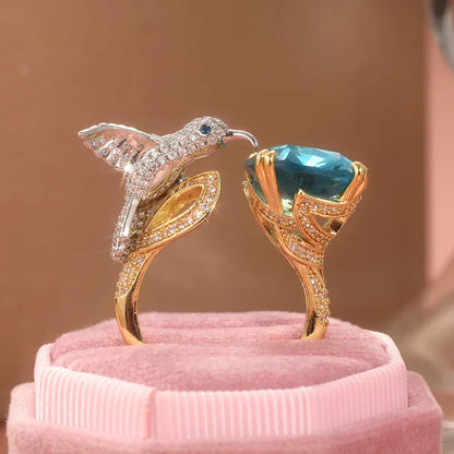 Adjustable Aquamarine-Colored Hummingbird Ring – 14K Gold Plated