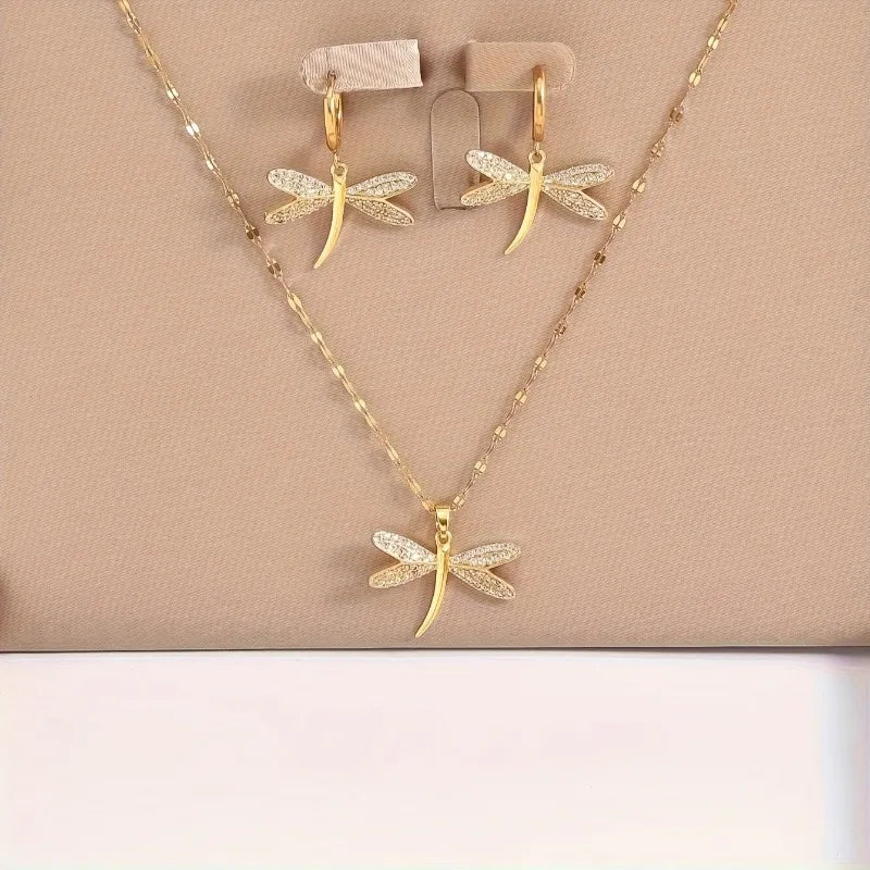 Golden Dragonfly Jewelry Necklace with Free Earrings