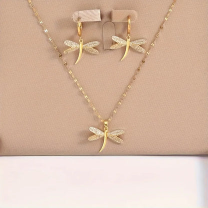 Golden Dragonfly Jewelry Necklace with Free Earrings