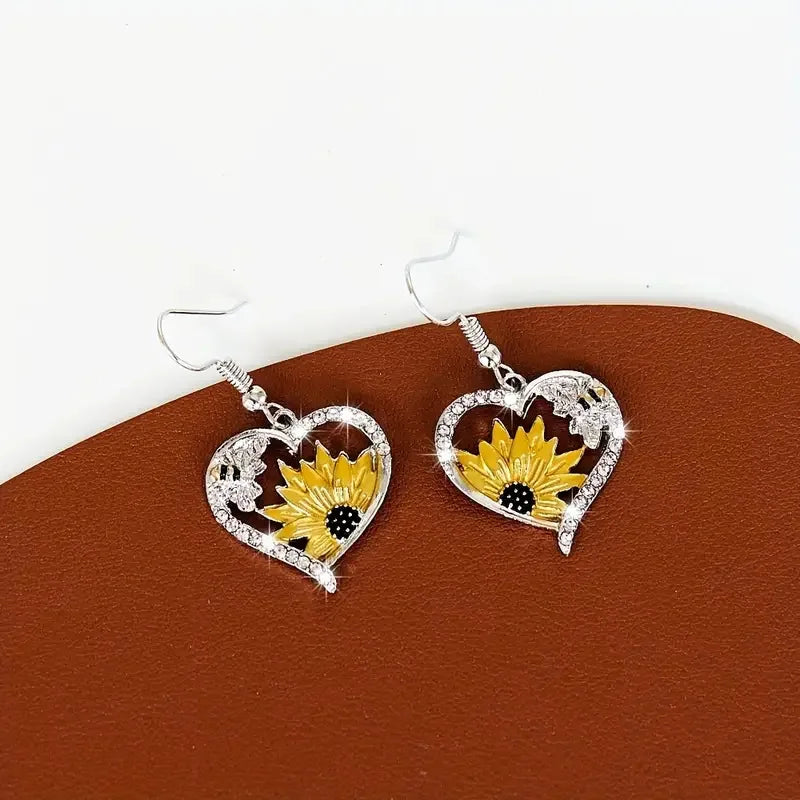 Vintage Heart Sunflower and Bee Tomettes Earrings