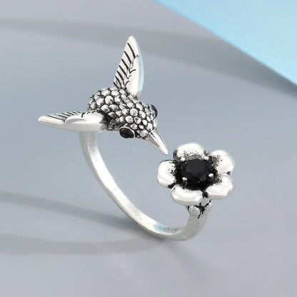 Hummingbird and Flower Ring – Adjustable Open Bird Ring for Women