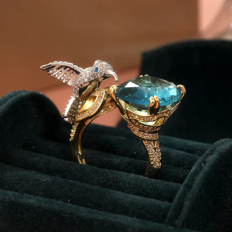 Adjustable Aquamarine-Colored Hummingbird Ring – 14K Gold Plated