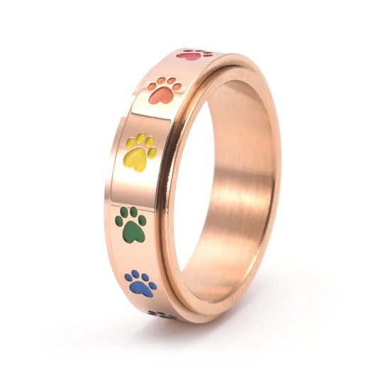 Anti-Stress Spinner Paw Ring – Stainless Steel with Rainbow Paws