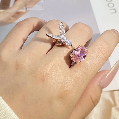 Hummingbird Gemstone Adjustable Ring – Zircon, 14K Gold Plated