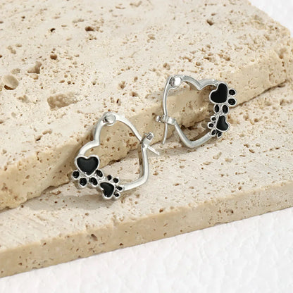 Paw Heart Huggie Earrings with Black Enamel