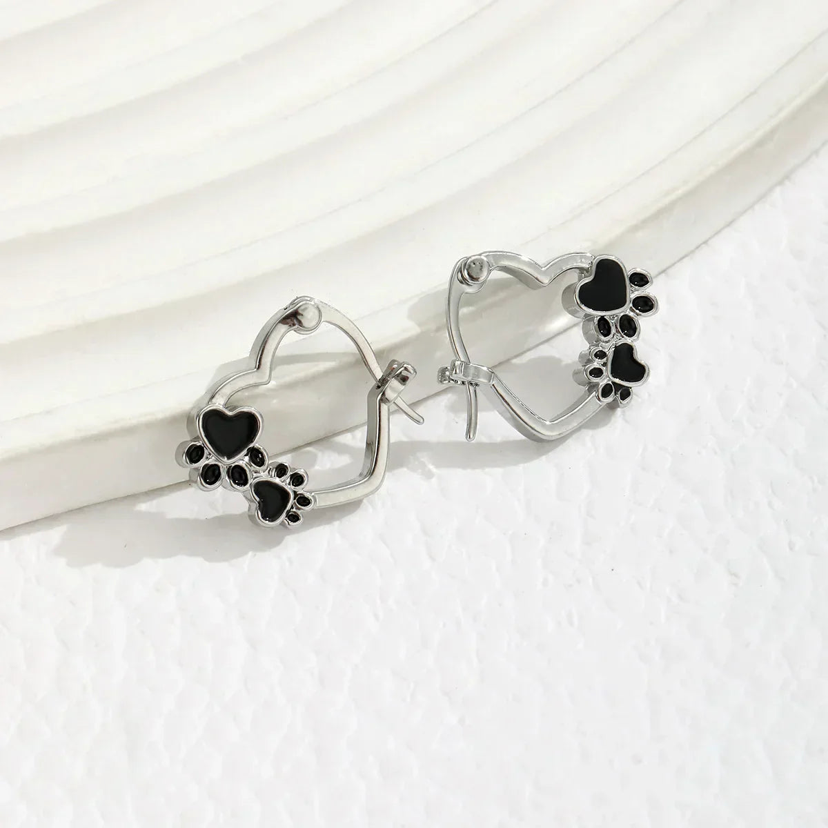 Paw Heart Huggie Earrings with Black Enamel