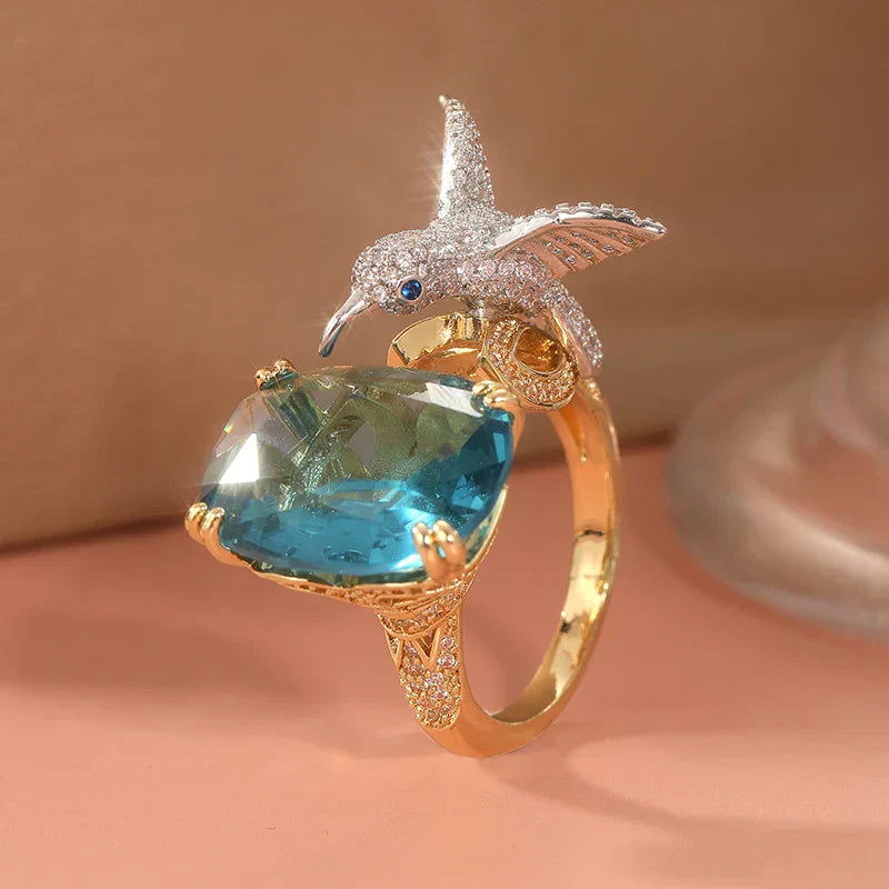 Adjustable Aquamarine-Colored Hummingbird Ring – 14K Gold Plated