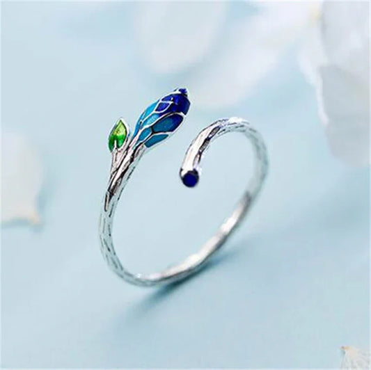 Adjustable Silver Blue Enamel Leaf Ring