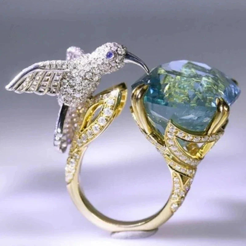 Adjustable Aquamarine-Colored Hummingbird Ring – 14K Gold Plated