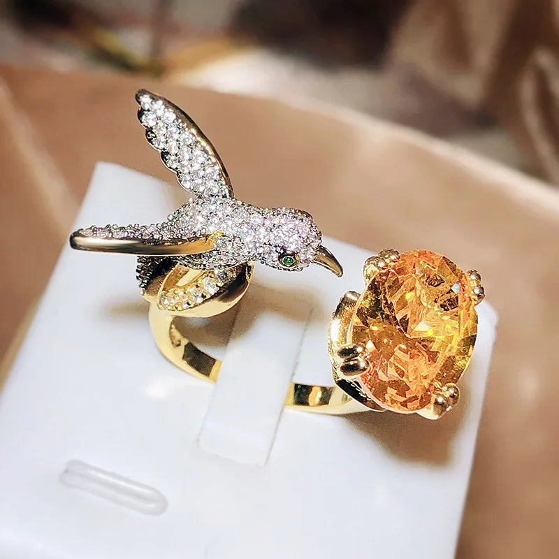Hummingbird Gemstone Adjustable Ring – Zircon, 14K Gold Plated