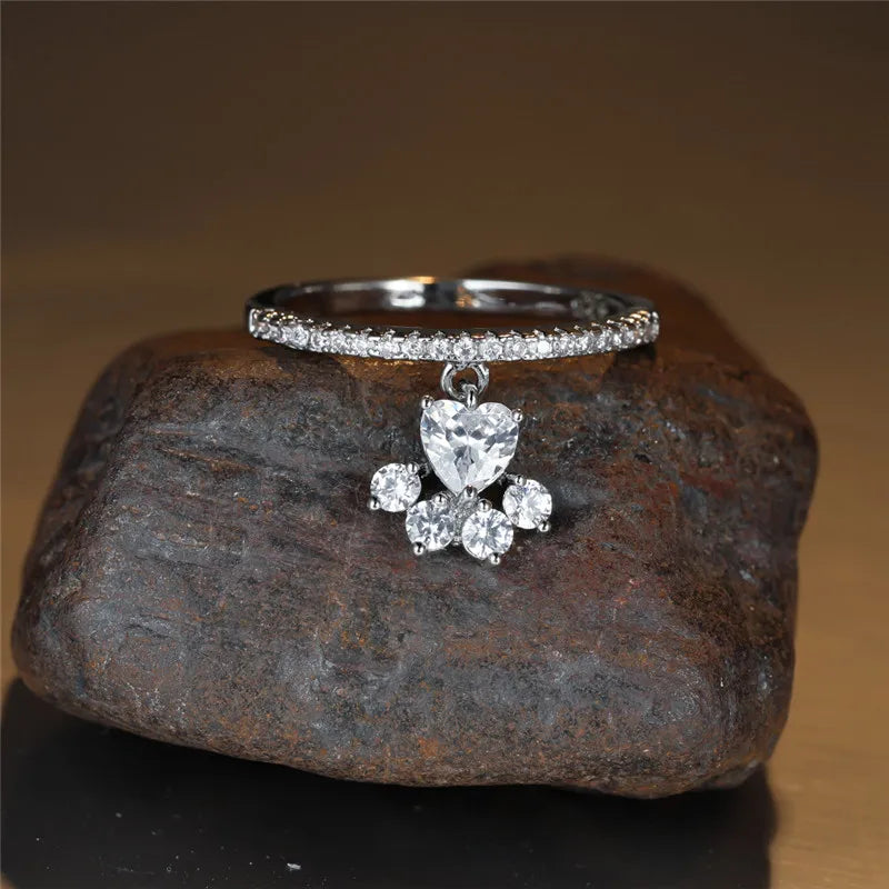 Vintage Cat Paw and Heart Stone Ring – Gold and Silver Tones