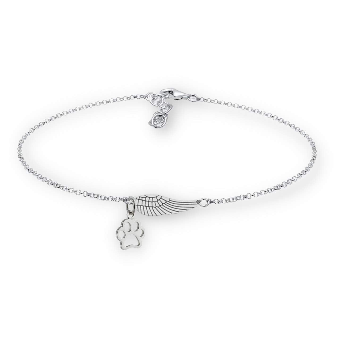 Memorial Sterling Silver Bracelet with Angel Wing and Paw Print | Handmade