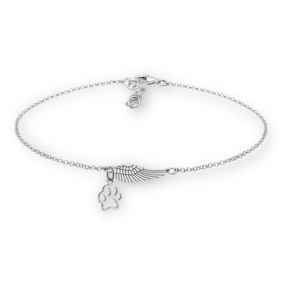 Memorial Sterling Silver Bracelet with Angel Wing and Paw Print | Handmade
