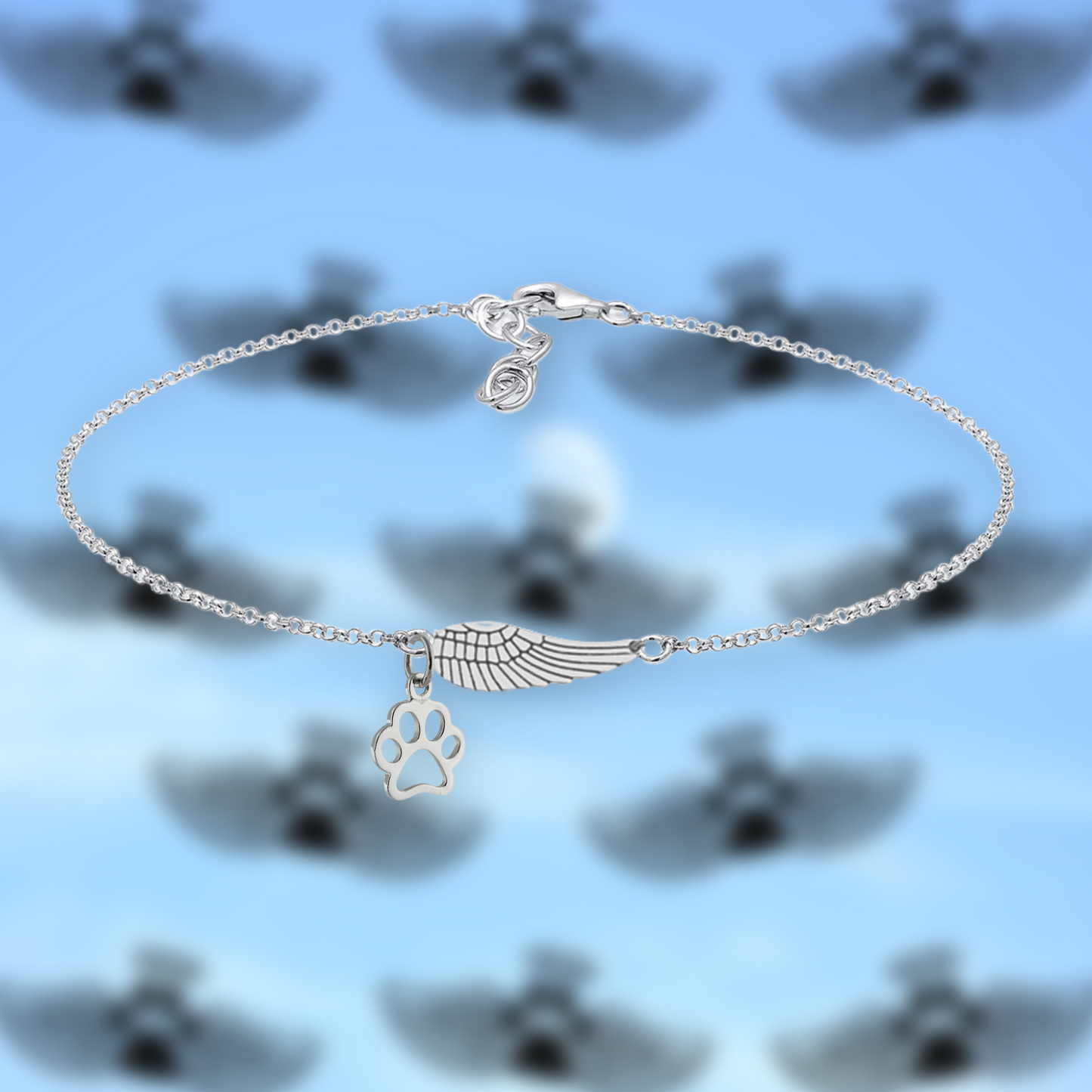 Memorial Sterling Silver Bracelet with Angel Wing and Paw Print | Handmade