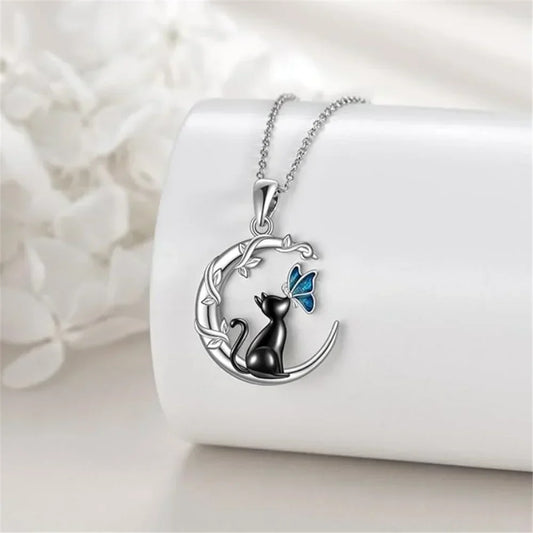 Cat Butterfly Moon Crystal Pendant Necklace