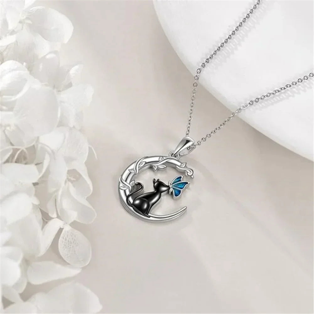 Cat Butterfly Moon Crystal Pendant Necklace