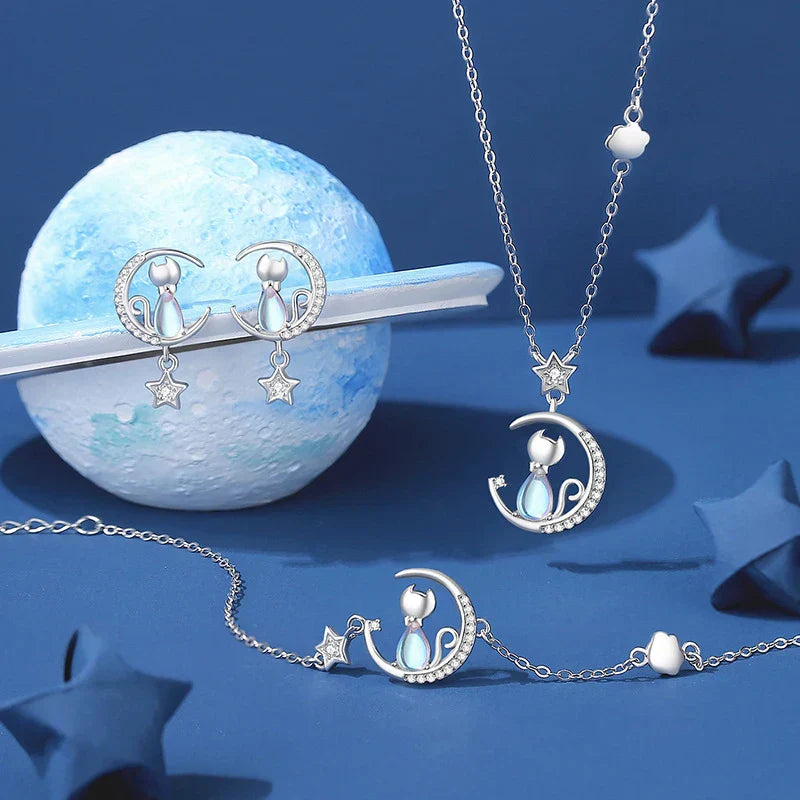 Sterling Silver Cat Moon Necklace