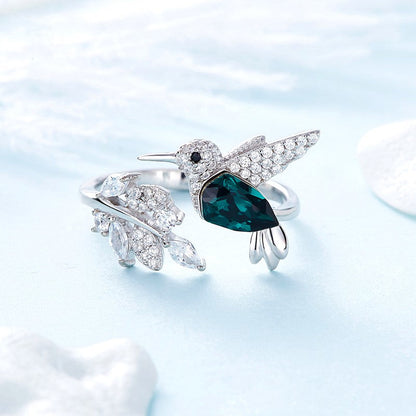 Adjustable Sparkling Hummingbird Ring with Diamond Rhinestone