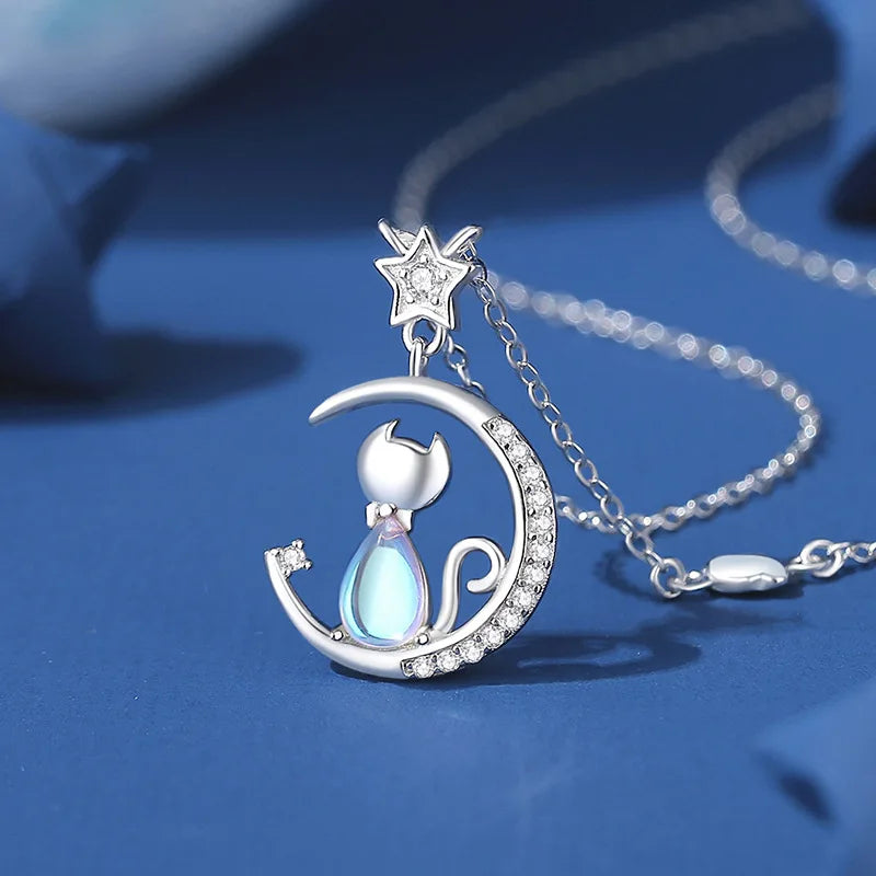 Sterling Silver Cat Moon Necklace