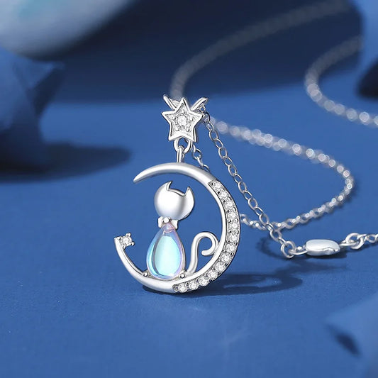 Sterling Silver Cat Moon Necklace