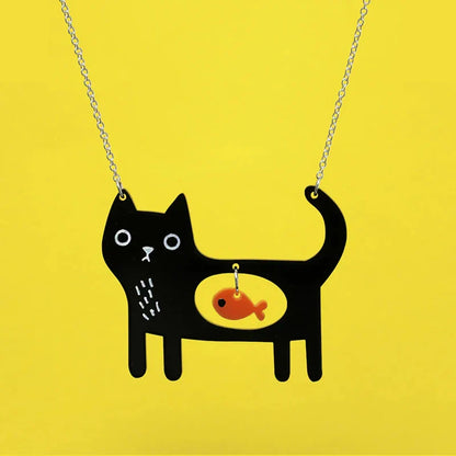 Whimsical Cat and Fish Acrylic Pendant Necklace