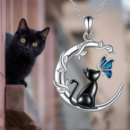Cat Butterfly Moon Crystal Pendant Necklace
