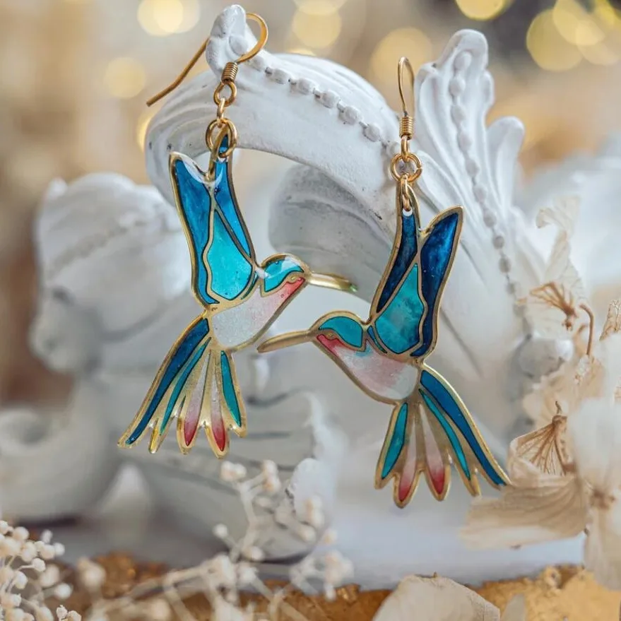Graceful Blue Enamel Hummingbird Earrings