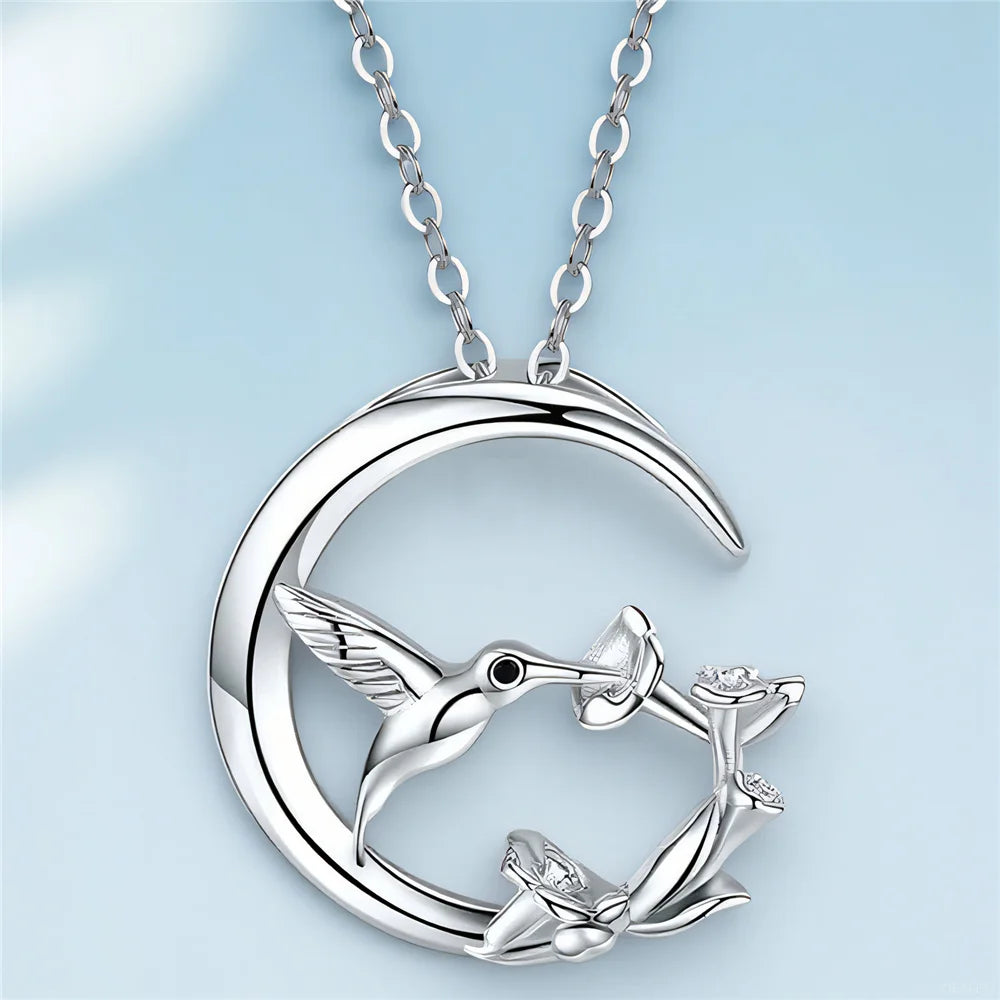 Vintage Silver Moon Bird Pendant Necklace