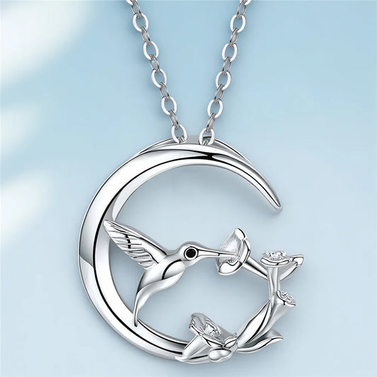 Vintage Silver Moon Bird Pendant Necklace