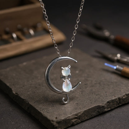 Crescent Moonstone Cat Necklace