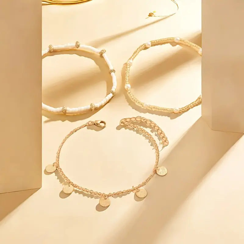 Coastal Charm 3-piece Layered Anklet Bracelet Set | Gold