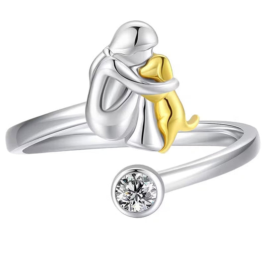 Dog and Girl Sterling Silver Ring