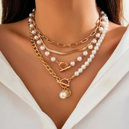 Vintage Pearl Snake Chain Necklace Set | Gold