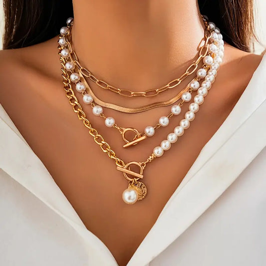Vintage Pearl Snake Chain Necklace Set | Gold