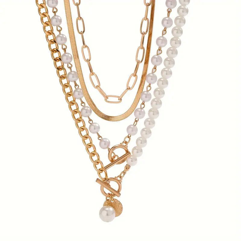 Vintage Pearl Snake Chain Necklace Set | Gold