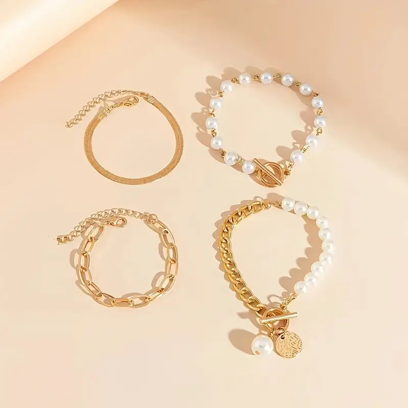 Chic Gold 4-piece Bracelet Set - Snake, Pearls and Links | Gold
