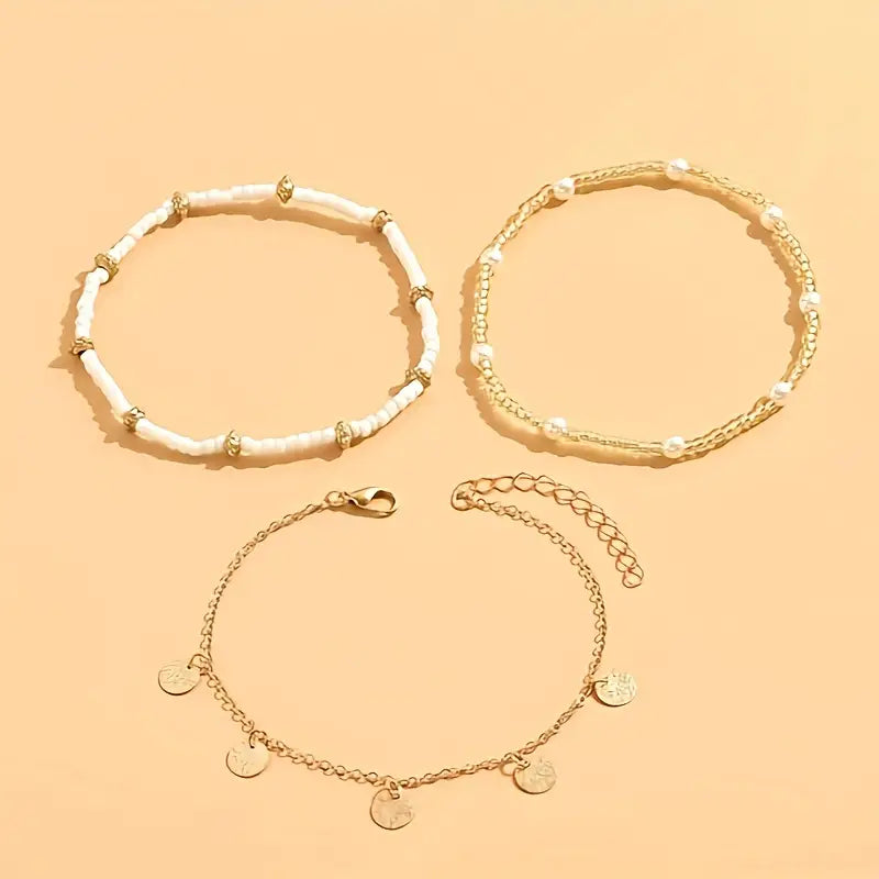 Coastal Charm 3-piece Layered Anklet Bracelet Set | Gold
