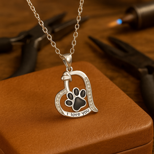 Dog Paw Print Heart Necklace with Zirconia