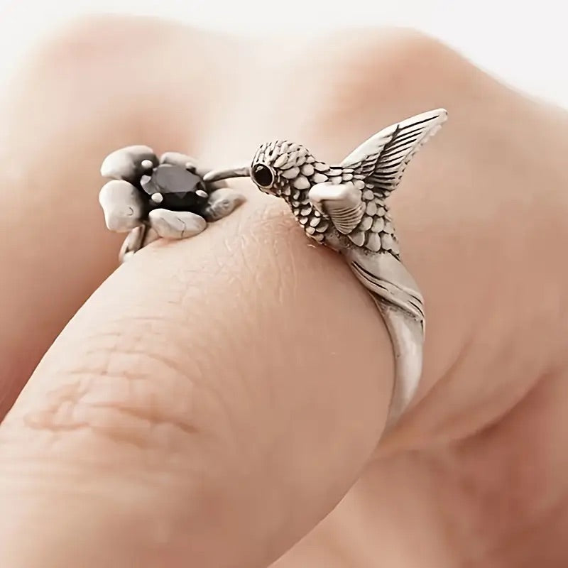 Hummingbird and Flower Ring – Adjustable Open Bird Ring for Women