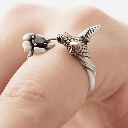 Hummingbird and Flower Ring – Adjustable Open Bird Ring for Women