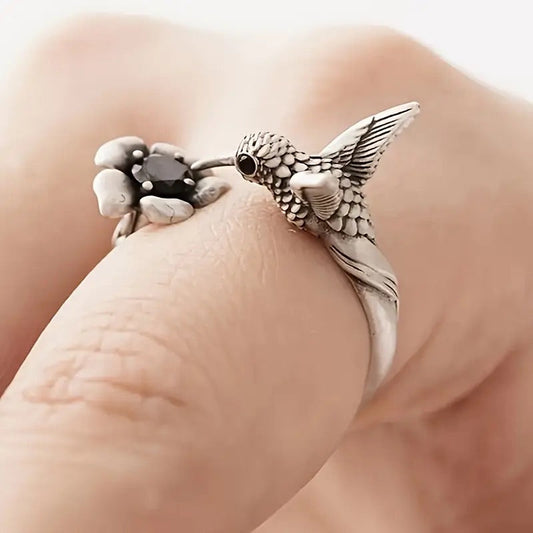 Hummingbird and Flower Ring – Adjustable Open Bird Ring for Women