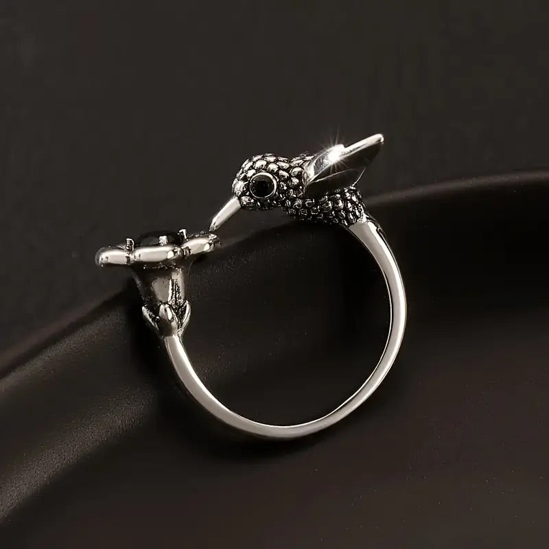 Hummingbird and Flower Ring – Adjustable Open Bird Ring for Women