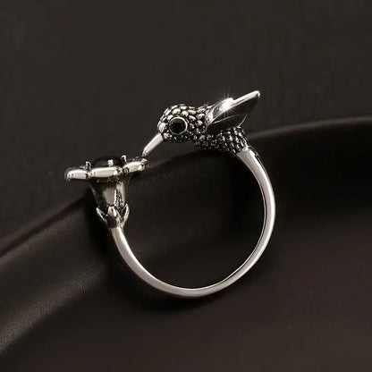 Hummingbird and Flower Ring – Adjustable Open Bird Ring for Women