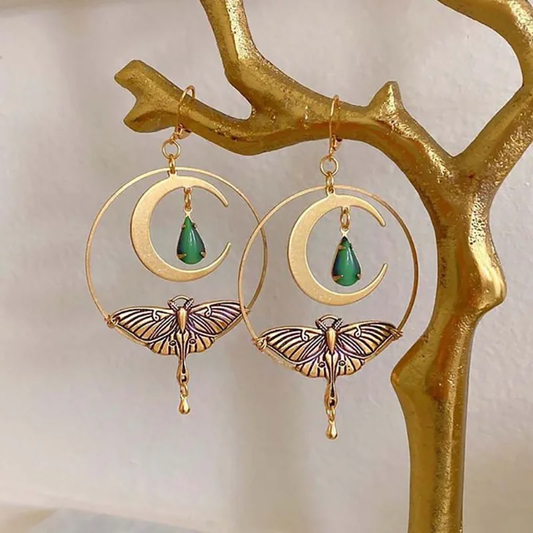 Vintage Golden Dragonfly Moon Earrings