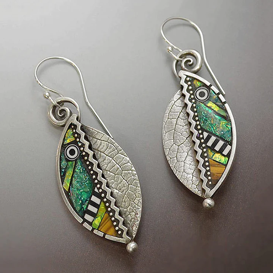 Vintage Silver Green Crystal Leaf Earrings