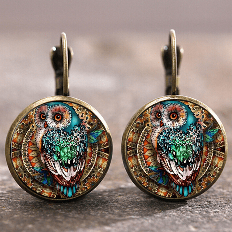 Round Crystal Vintage Owl Earrings