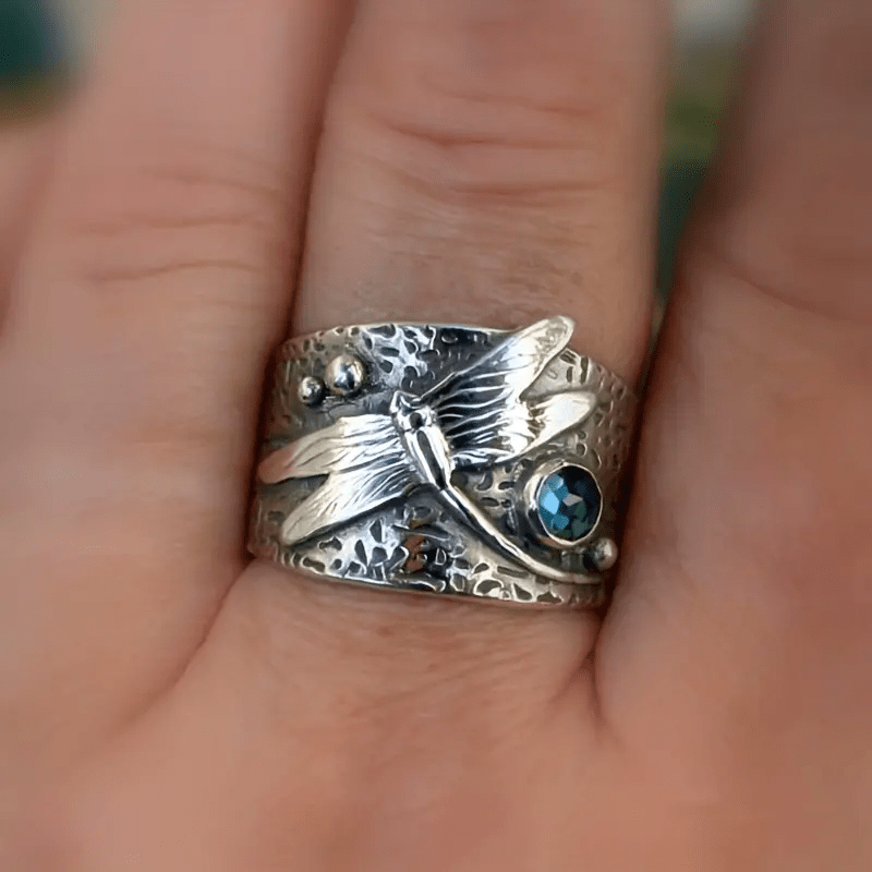 Vintage Blue Crystal Silver Dragonfly Ring