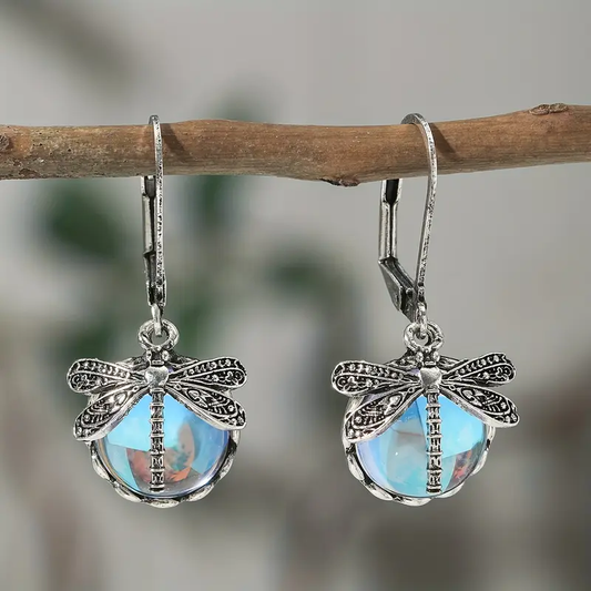 Silver Blue Crystal Dragonfly Earrings