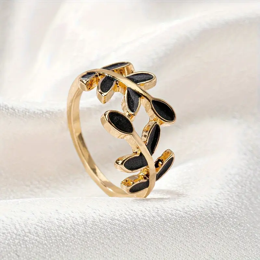 Gold Black Leaf Ring